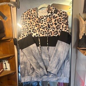 Leopard Print and Gray Colorblock Hoodie